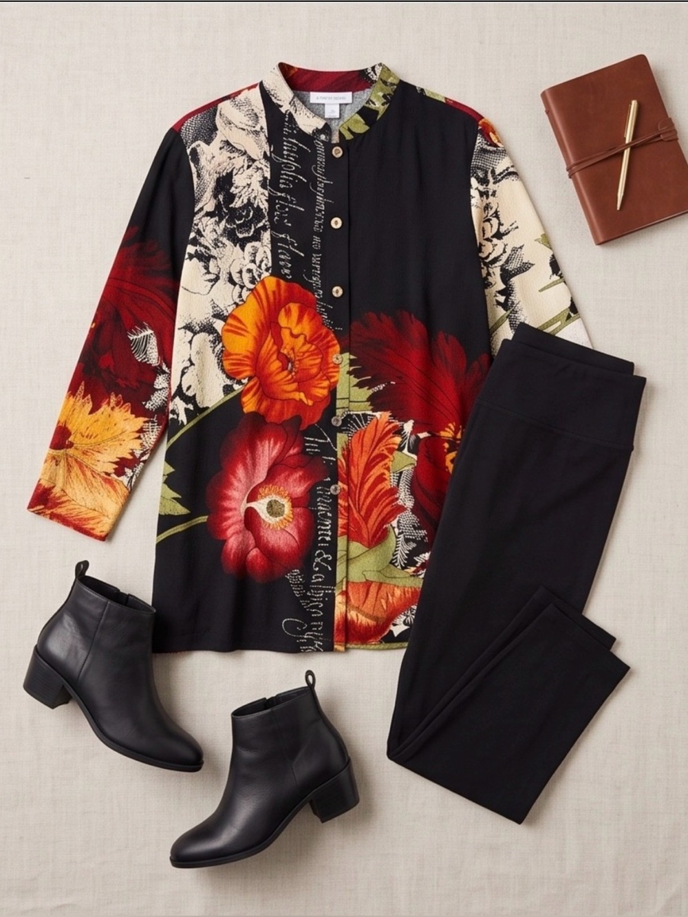 *New* Citron 100% Silk Vintage Black Button-Front Poppy Floral Shirt Tunic - Picture 3 of 16